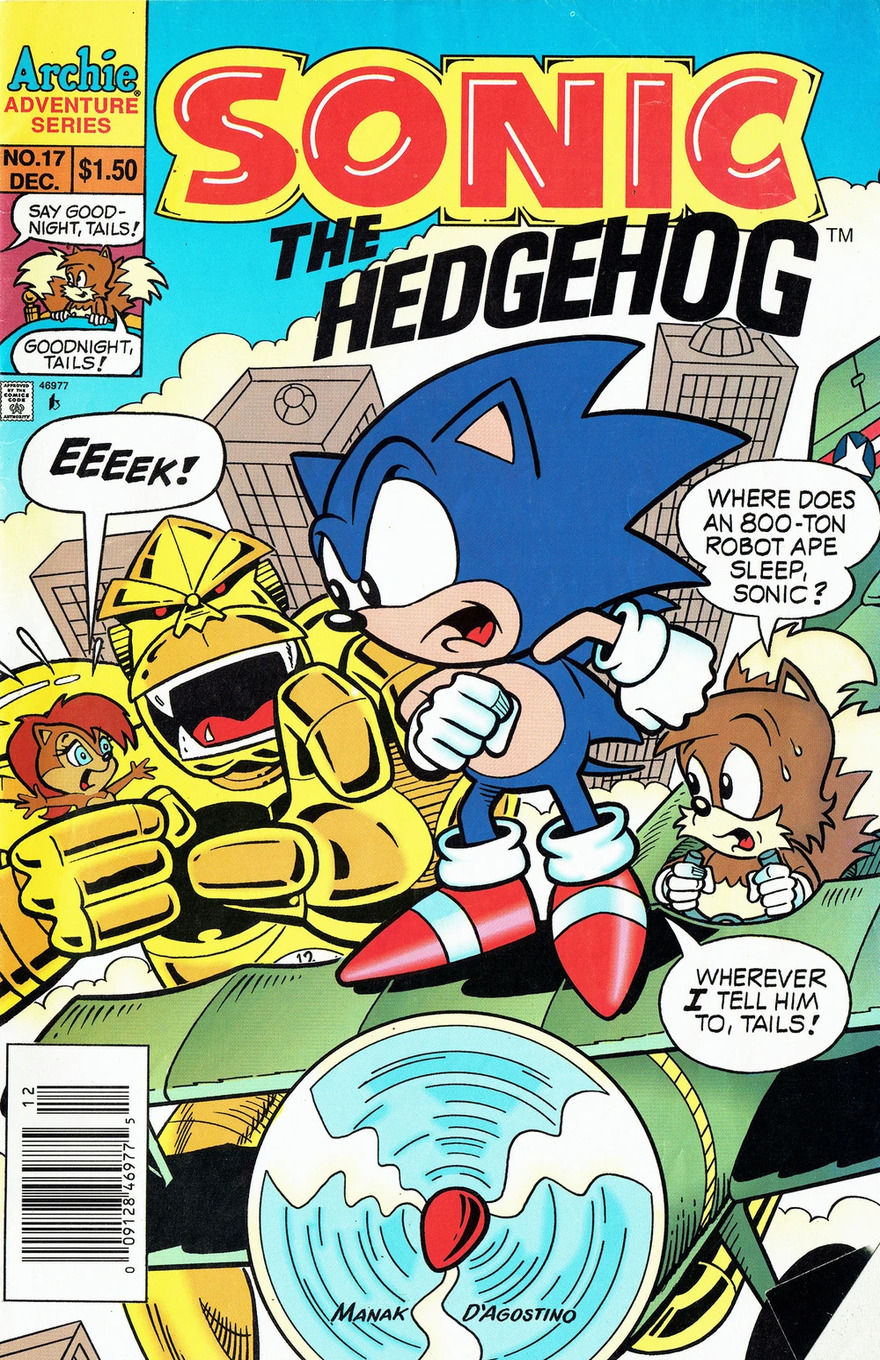 Sonic stands confidently on a green aeroplane with a worried expression, confronting a yellow robotic ape holding a female character hostage, while Tails watches in despair.