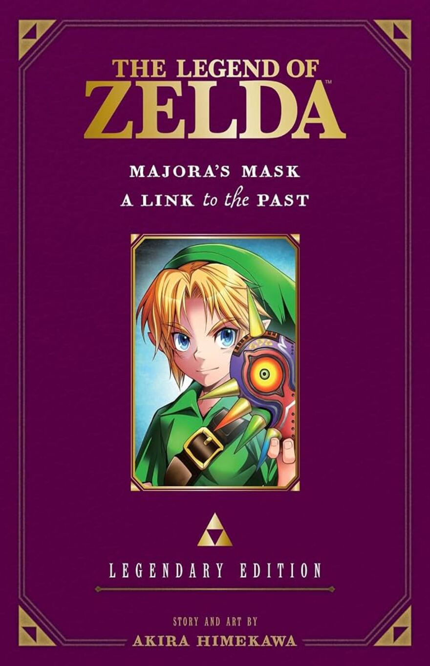 Book cover for The Legend of Zelda: Majora's Mask / A Link to the Past Legendary Edition, showing Link in green attire with the titular mask in hand, on an ornate dark purple background.
