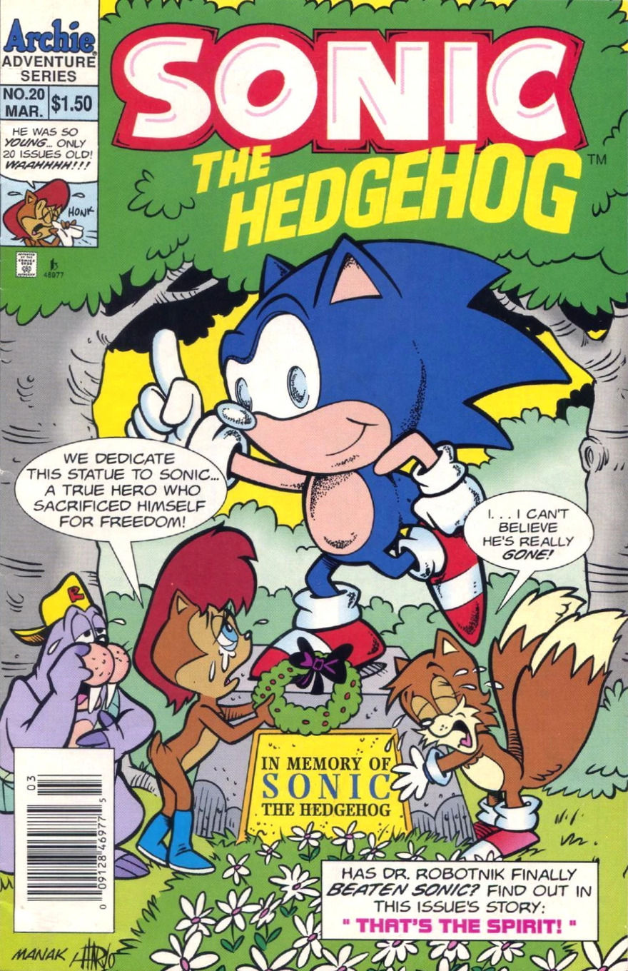 Comic book cover features a statue of Sonic on the top of a tombstone. Characters mourn with speech bubbles expressing loss, in an emotional scene. Grass and trees all around them.
