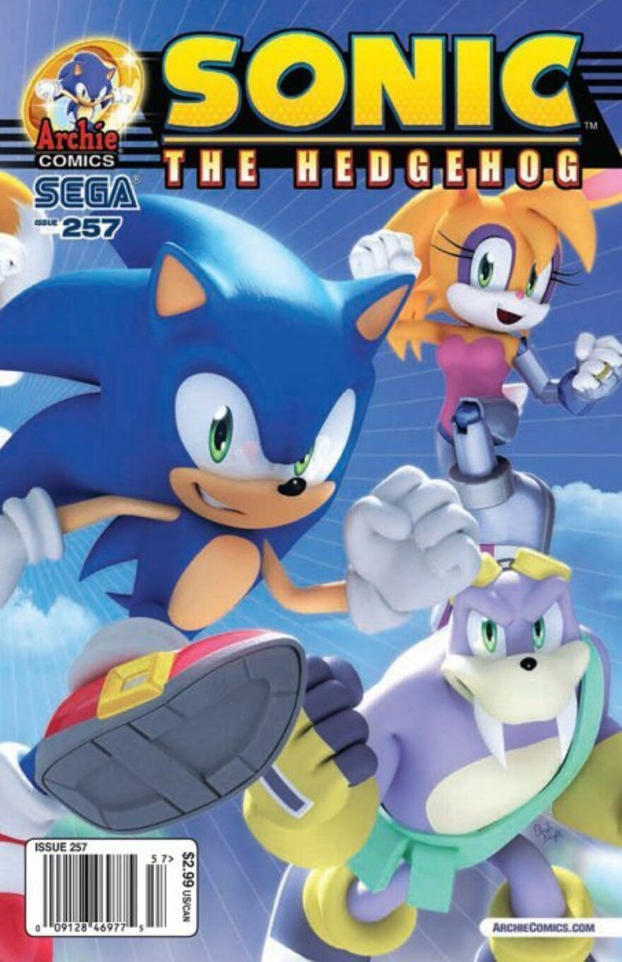 Sonic, Bunnie, and Rotor leap joyfully and confidently against a blue sky.