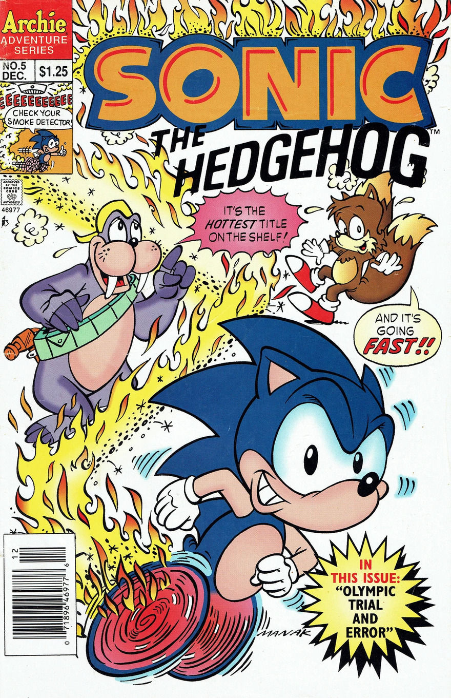 Colorful comic cover of "Sonic the Hedgehog" shows Sonic running fast, leaving a trail of flames. Two other characters are shown.