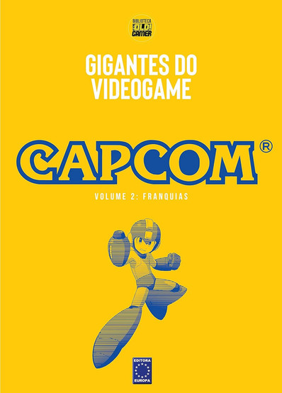 Cover of "Video Game Giants" with the word "Capcom" in bold yellow. Below, a silhouette of the character Mega Man. Yellow background and minimalist design.
