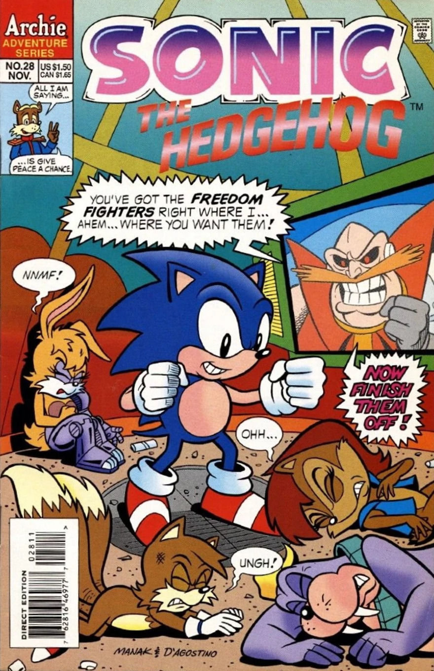 Sonic with clenched fists, surrounded by defeated allies. A villain in the background smirks, saying, "Now finish them off!"