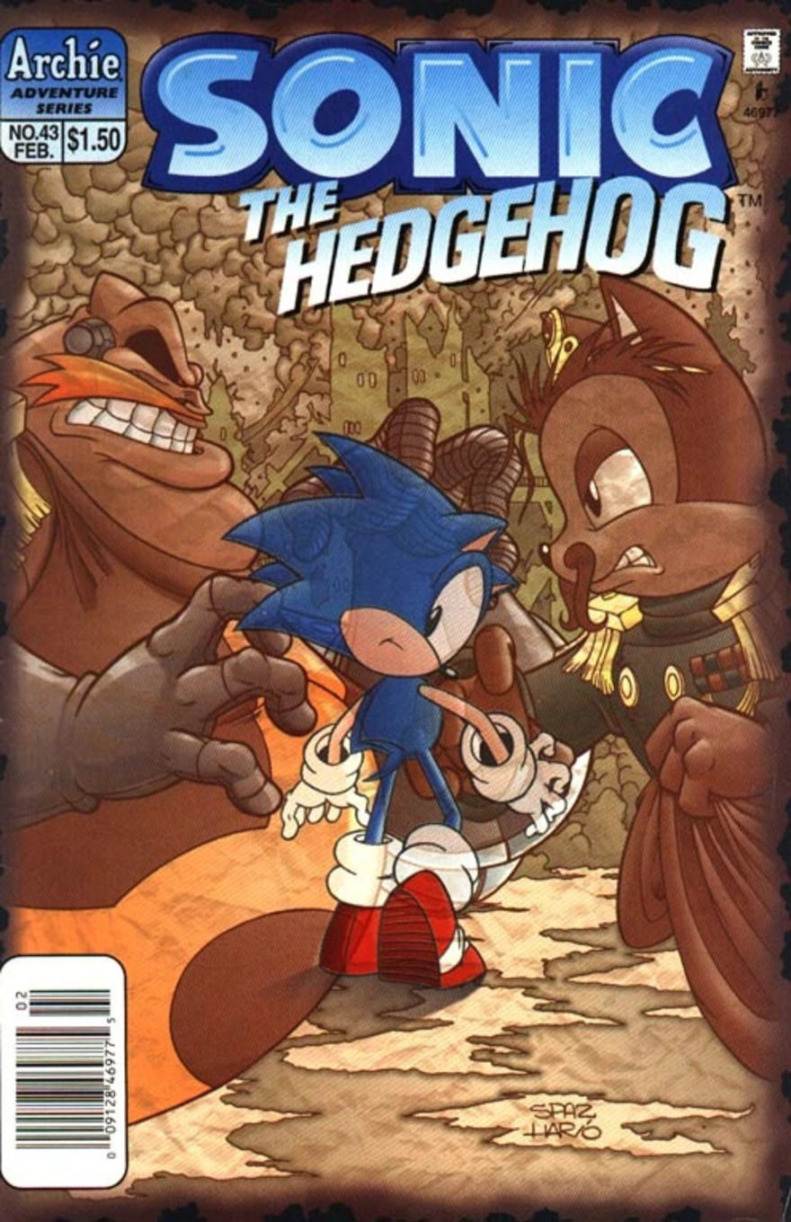 Sonic in the center, looking concerned. Two large, menacing characters surround him against a poluted backdrop. Tense atmosphere.