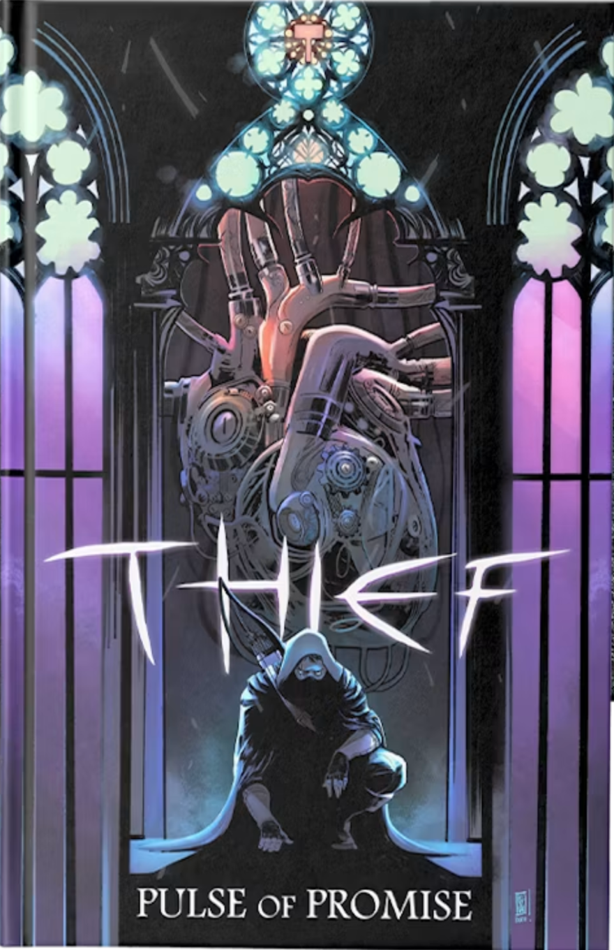 A hooded figure crouches beneath a giant mechanical heart in a purple-lit gothic cathedral, with stained glass and the title “Thief: Pulse of Promise.”