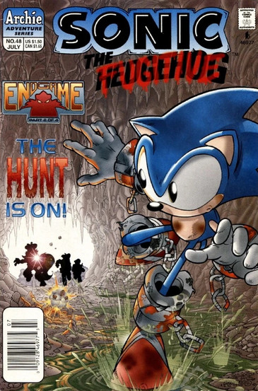 A dirty Sonic with broken chains around his arms and legs runs forward with a worried expression. The background shows a dark cave with silhouettes pursuing him.