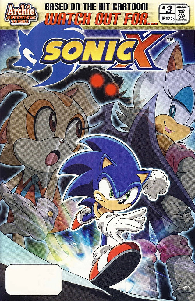 Sonic racing forward with a determined grin, with enlarged images of Rouge and Cream behind him, and Dr. Robotnik’s silhouette with glowing red eyes in the background.
