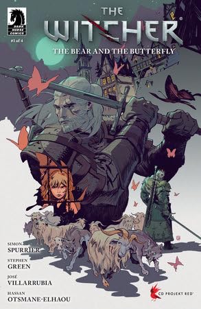 Comic cover of "The Witcher: The Bear and the Butterfly #1" features the protagonist Geralt holding a sword, surrounded by butterflies and a village backdrop.