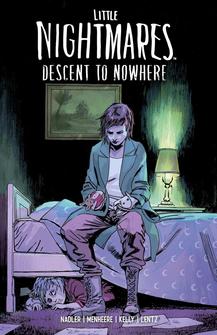 A purple-haired woman sits on a bed under eerie green lamplight, while a child hides beneath it.