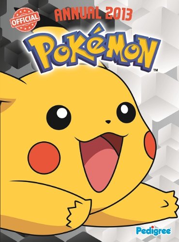 Cheerful Pikachu on the cover of the "Official Pokémon Annual 2013." Features bold text and geometric background. Bright, playful tone.