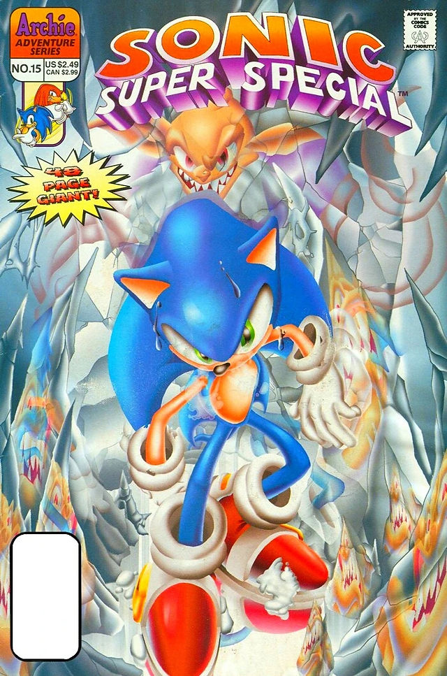 Sonic looks apprehensive as a grinning orange villain looms behind him amid icy shards, mirroring those around him.