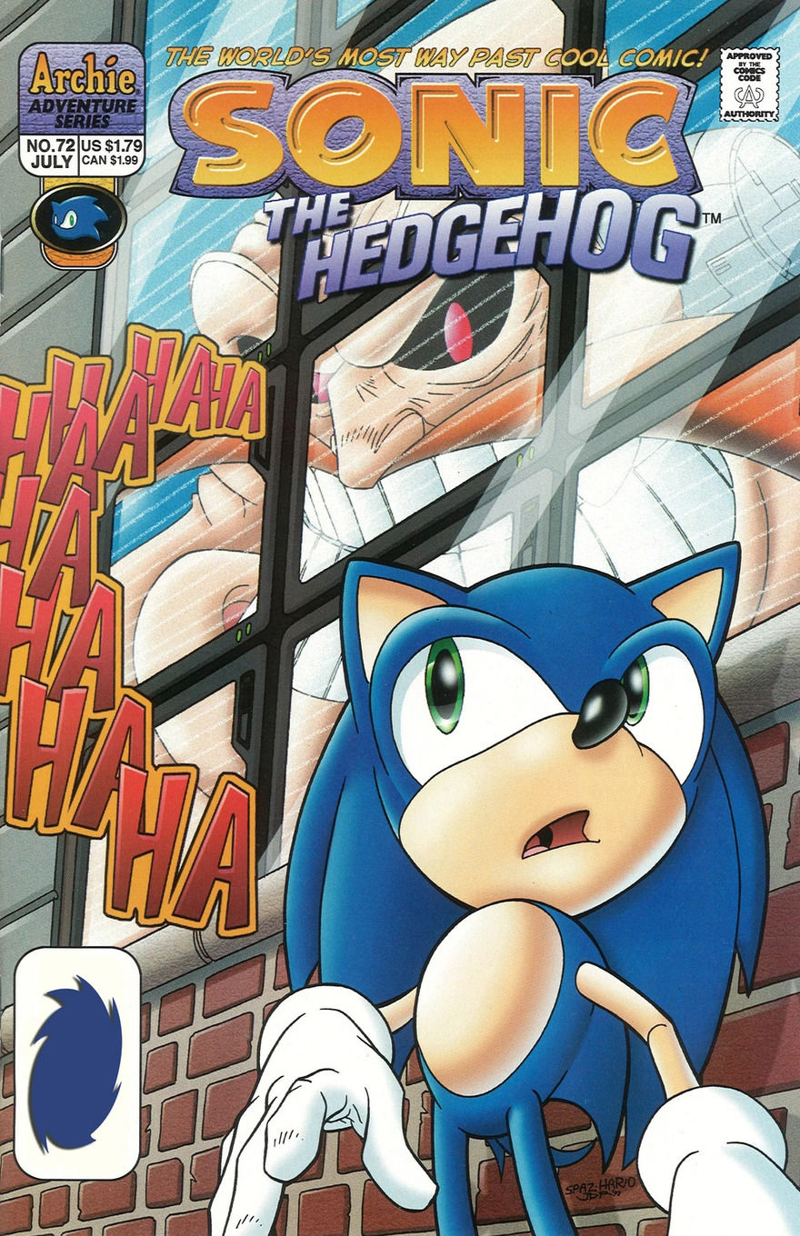 Sonic looks up in shock as Dr. Robotnik’s laughing face appears menacingly in a window behind him. Large red "HA HA HA" text is beside Robotnik’s reflection.