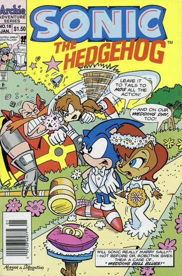 Sonic in a tuxedo with a bride, Sally, next to him. Dr. Robotnik, Tails, and chaotic elements suggest a disrupted wedding scene. Bright colors and an action-packed, humorous tone are conveyed.
