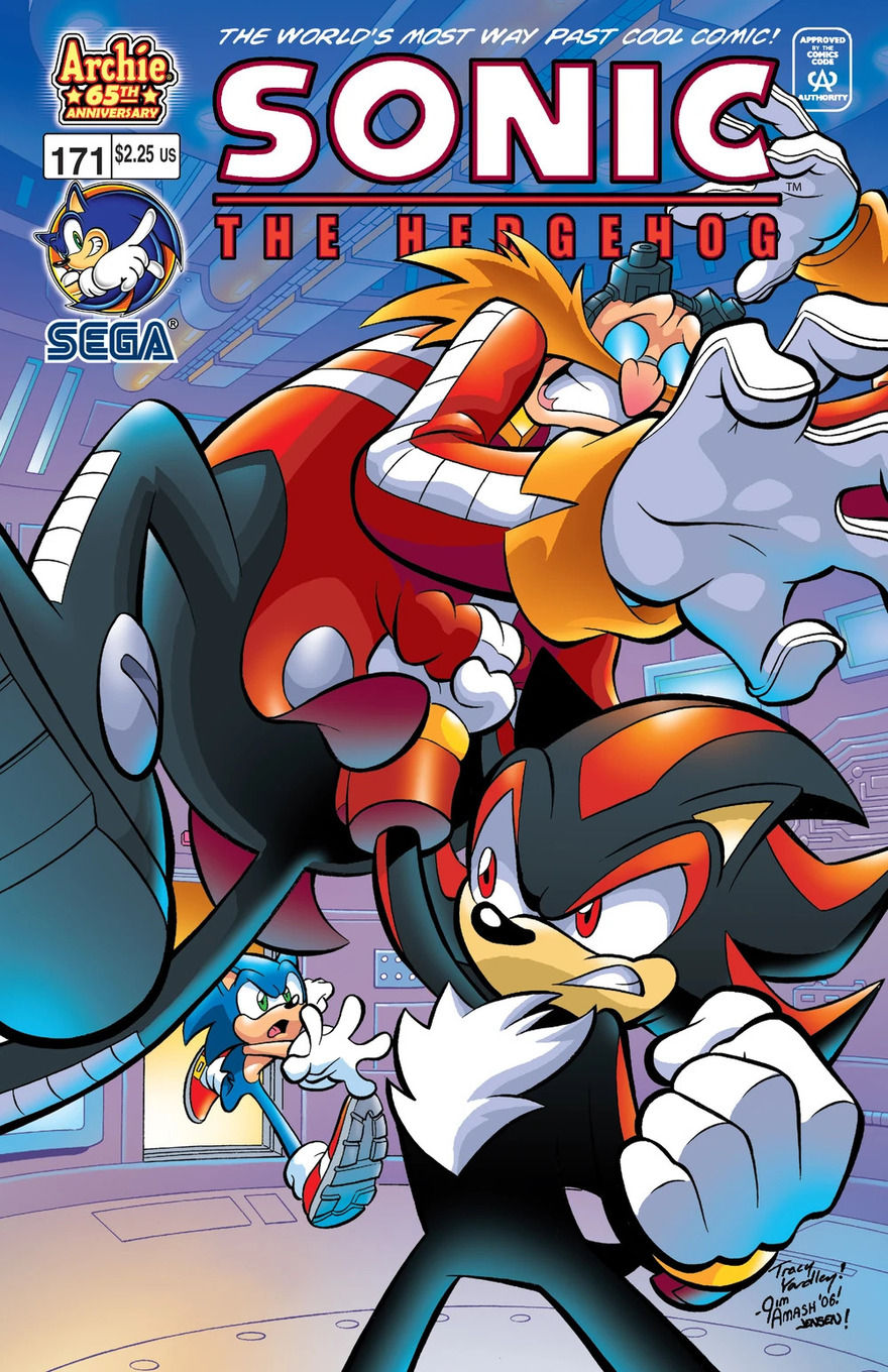 Shadow attacks Dr. Robotnik in a confrontation, while Sonic runs toward them with a worried expression and his arm outstretched.