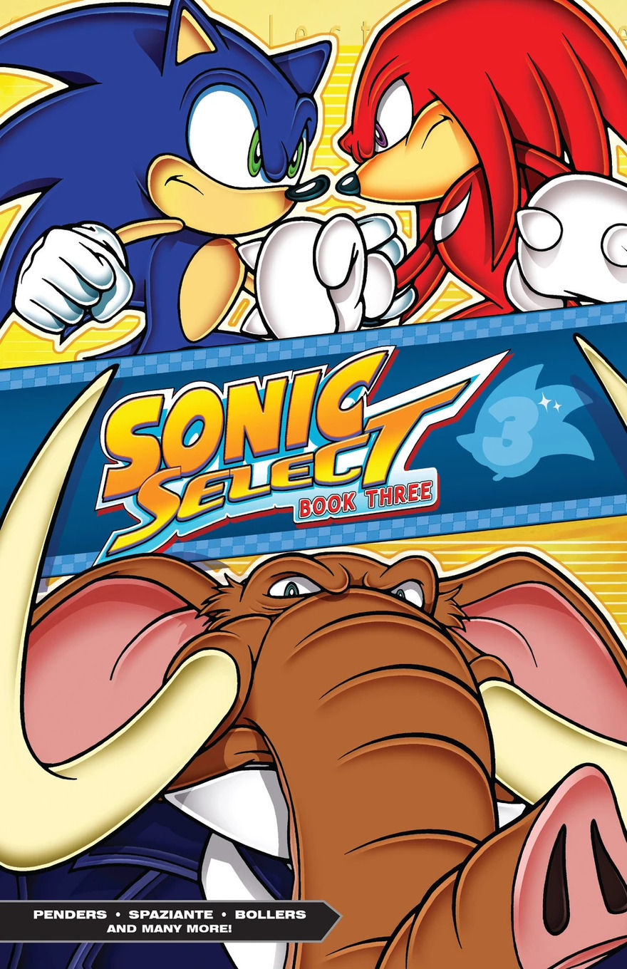 Sonic and Knuckles ready to fight and facing nose-to-nose above the logo, with a grumpy Mammoth Mogul below.