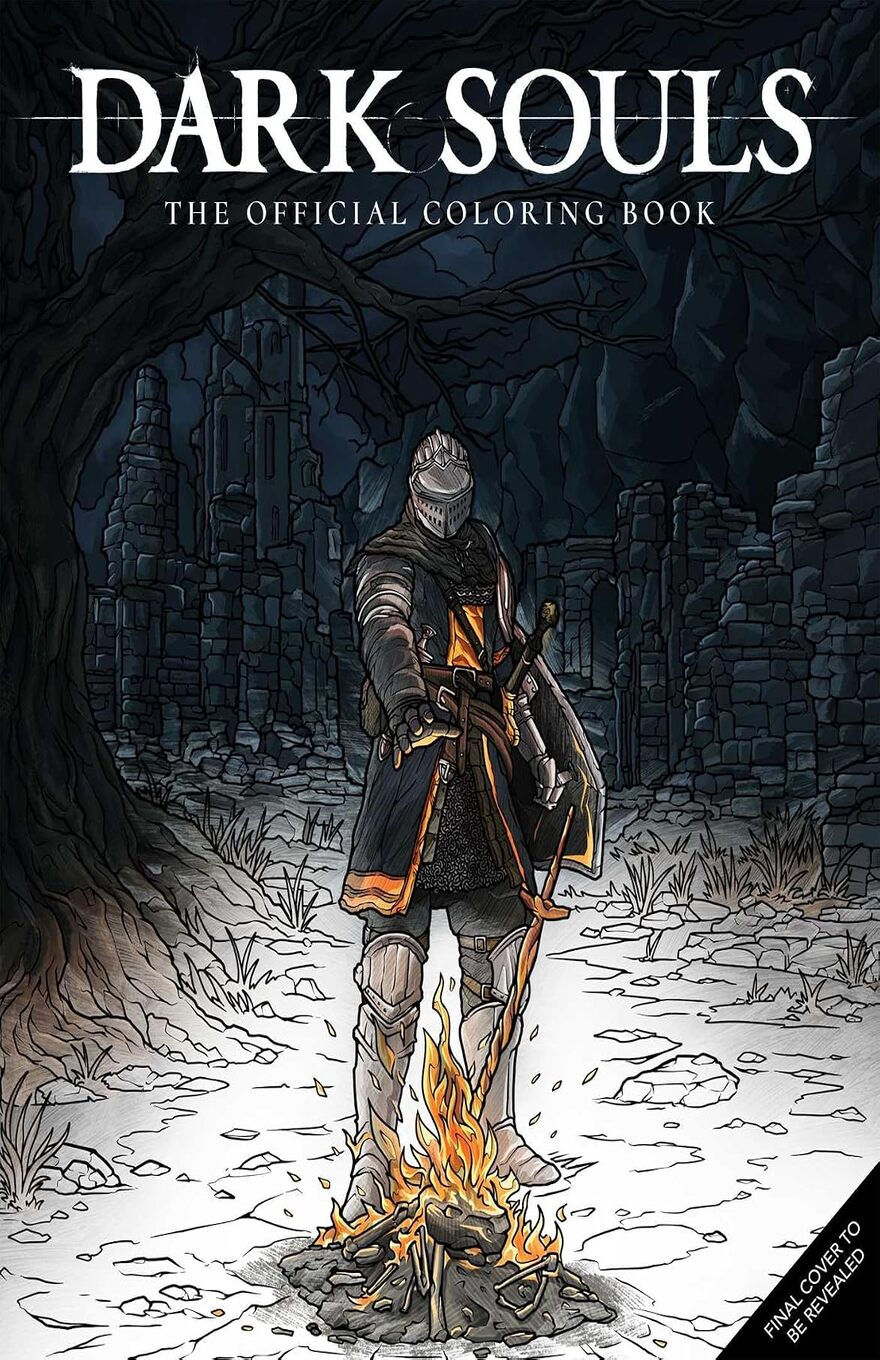 The cover of "Dark Souls: The Official Coloring Book" features an armored knight warming beside a blazing campfire, with parts of the illustration left uncolored for readers to fill in.