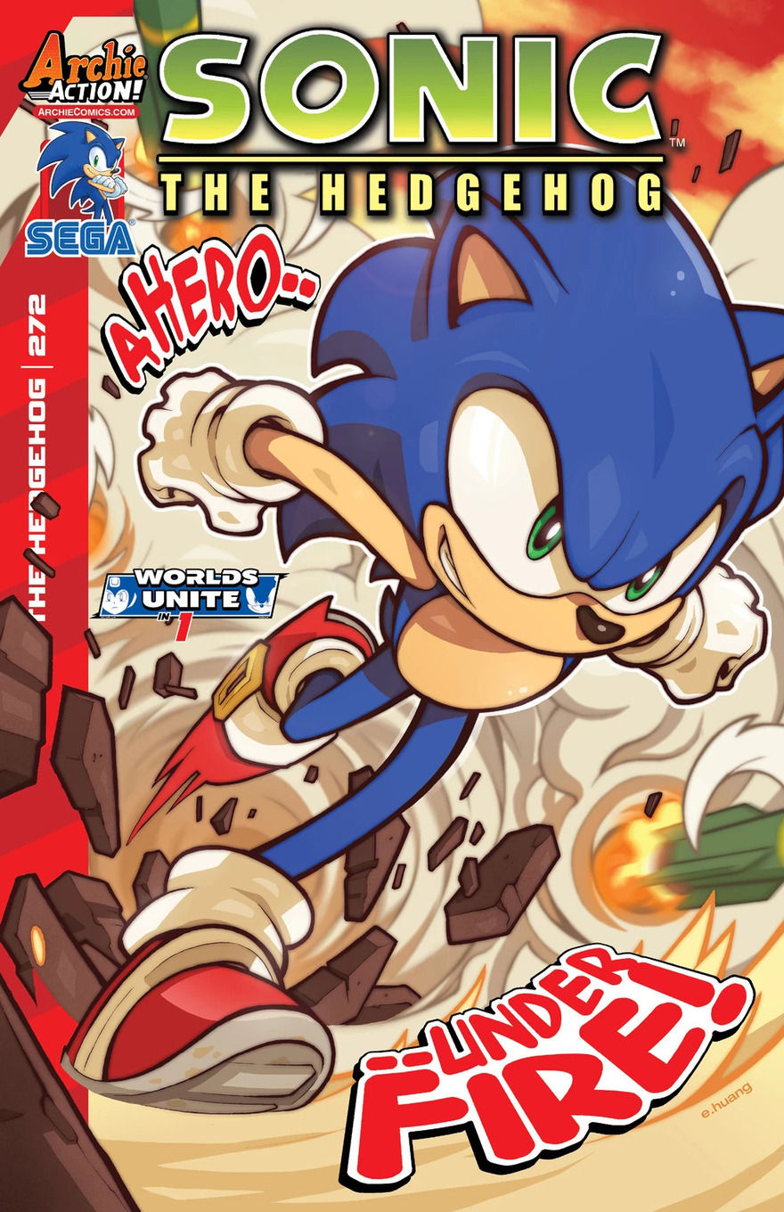 Sonic sprinting through rubble and smoke, under fire.
