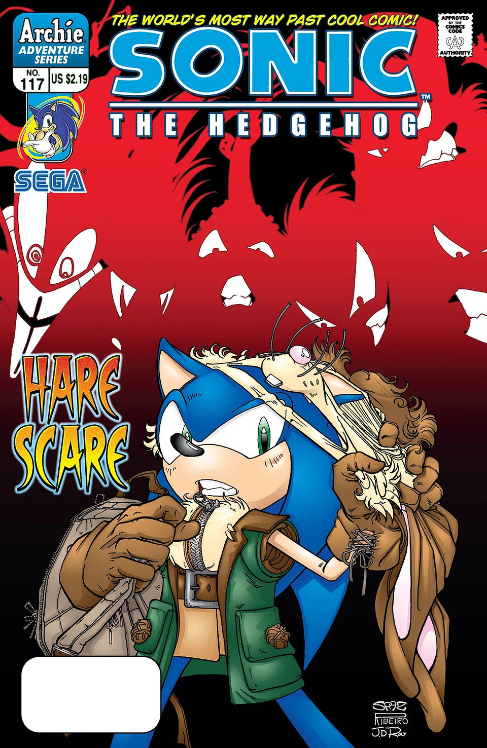 Sonic, pulling off the mask of a hare costume, looks apprehensive while being watched by red silhouettes of creatures with evil smiles.