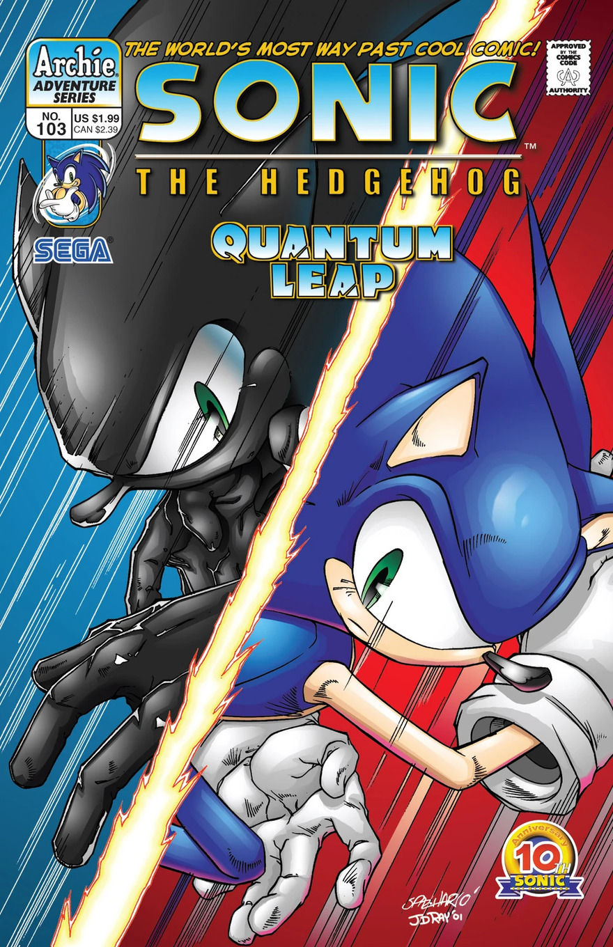 Sonic and a black-colored counterpart facing each other, divided by a lightning bolt. The background features blue and red streaks, adding energy and contrast.