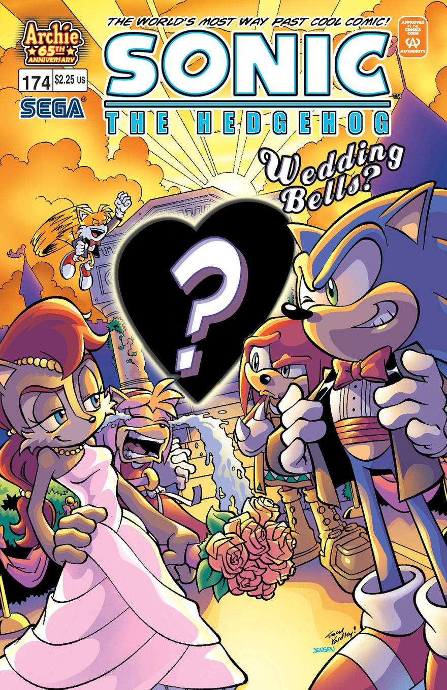 Sonic and Sally appear as bride and groom, while Amy cries, Knuckles looks worried, and Tails flies excitedly. A mysterious heart-shaped “?” silhouette appears at center.