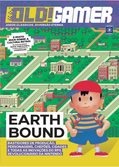Cover of a gaming magazine featuring a retro city map from a video game, with a cartoon boy (Ness) in a striped shirt and cap. The headline reads "EarthBound."