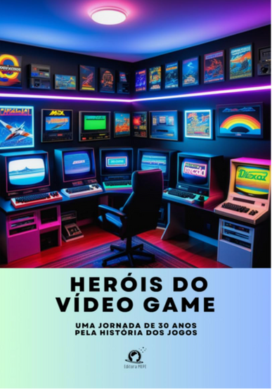 Retro gaming room with vintage computers, colorful neon lighting, and game posters on walls. Text: "Video Game Heroes" at the bottom. Mood is nostalgic and vibrant.