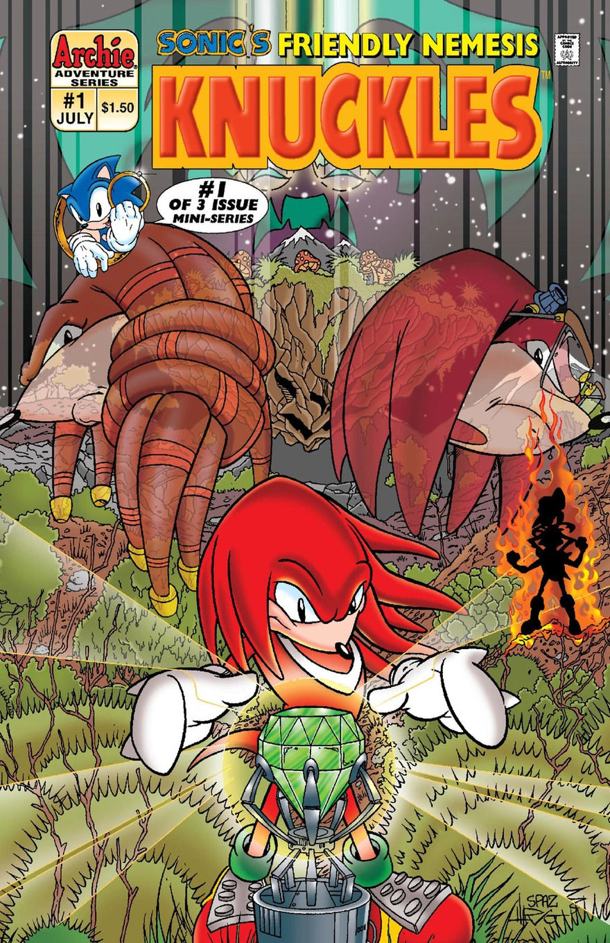Knuckles is about to grab a Chao Emerald glowing atop a pedestal in a forest setting. At the top of the cover, there are images of echidna faces and a character engulfed in flames.