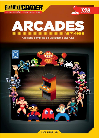Cover of Old!Gamer magazine featuring “Arcades.” The cabinet is surrounded by various iconic game characters, set against a vibrant background.