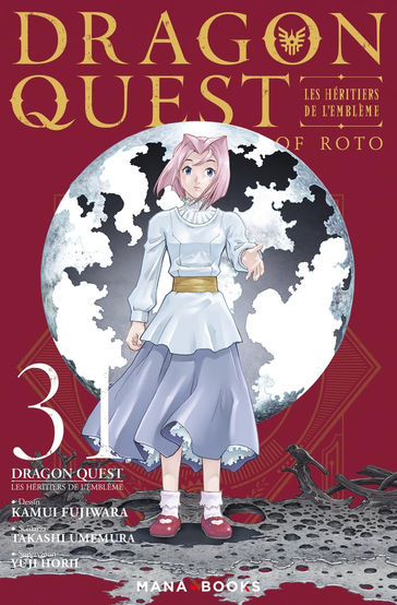 Anime-style character with pink hair, wearing a white and blue outfit, stands in front of a black-and-white moon. Background is red with gold text.