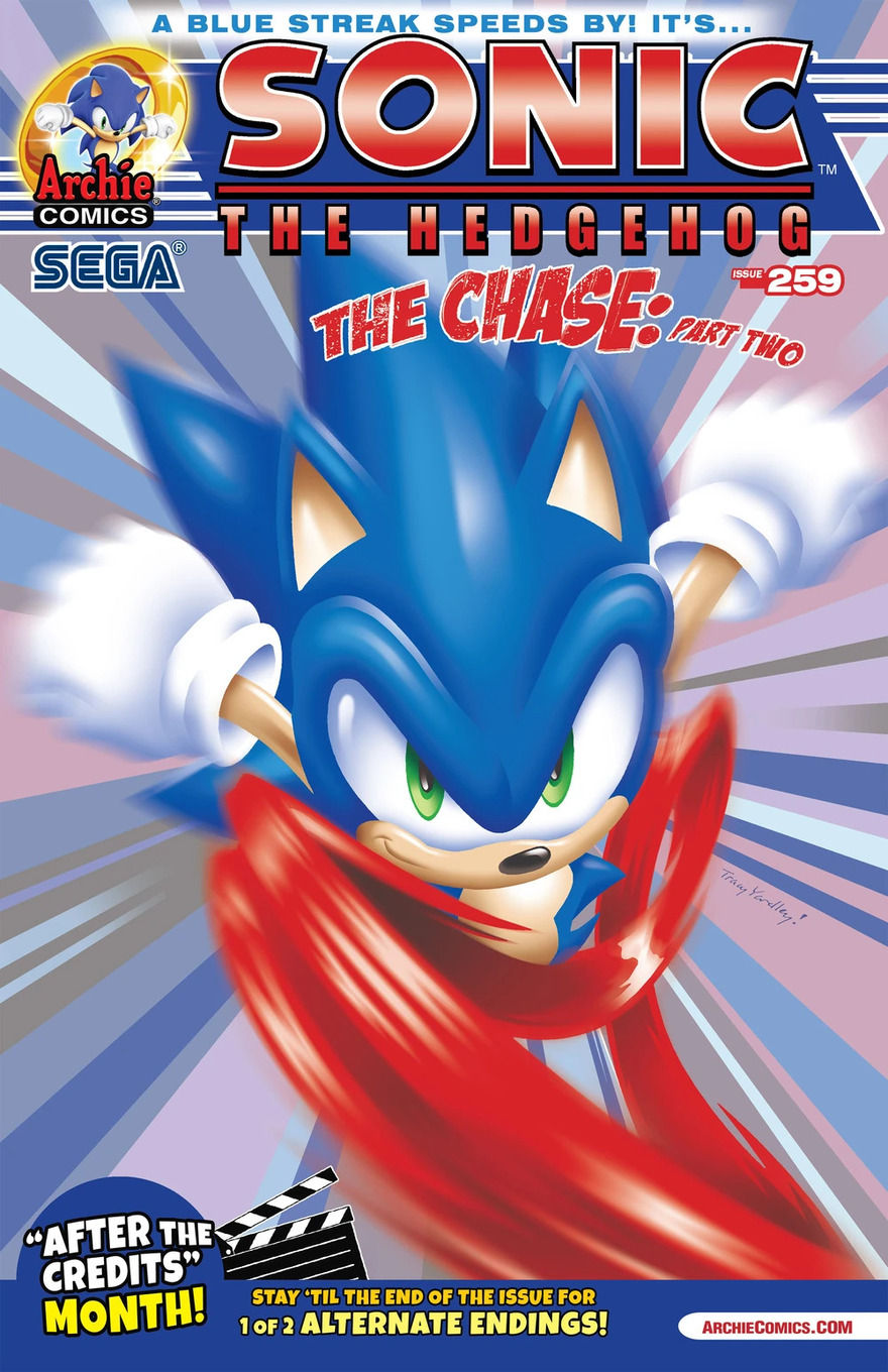 Sonic sprints toward the viewer with a focused expression, surrounded by motion streaks.