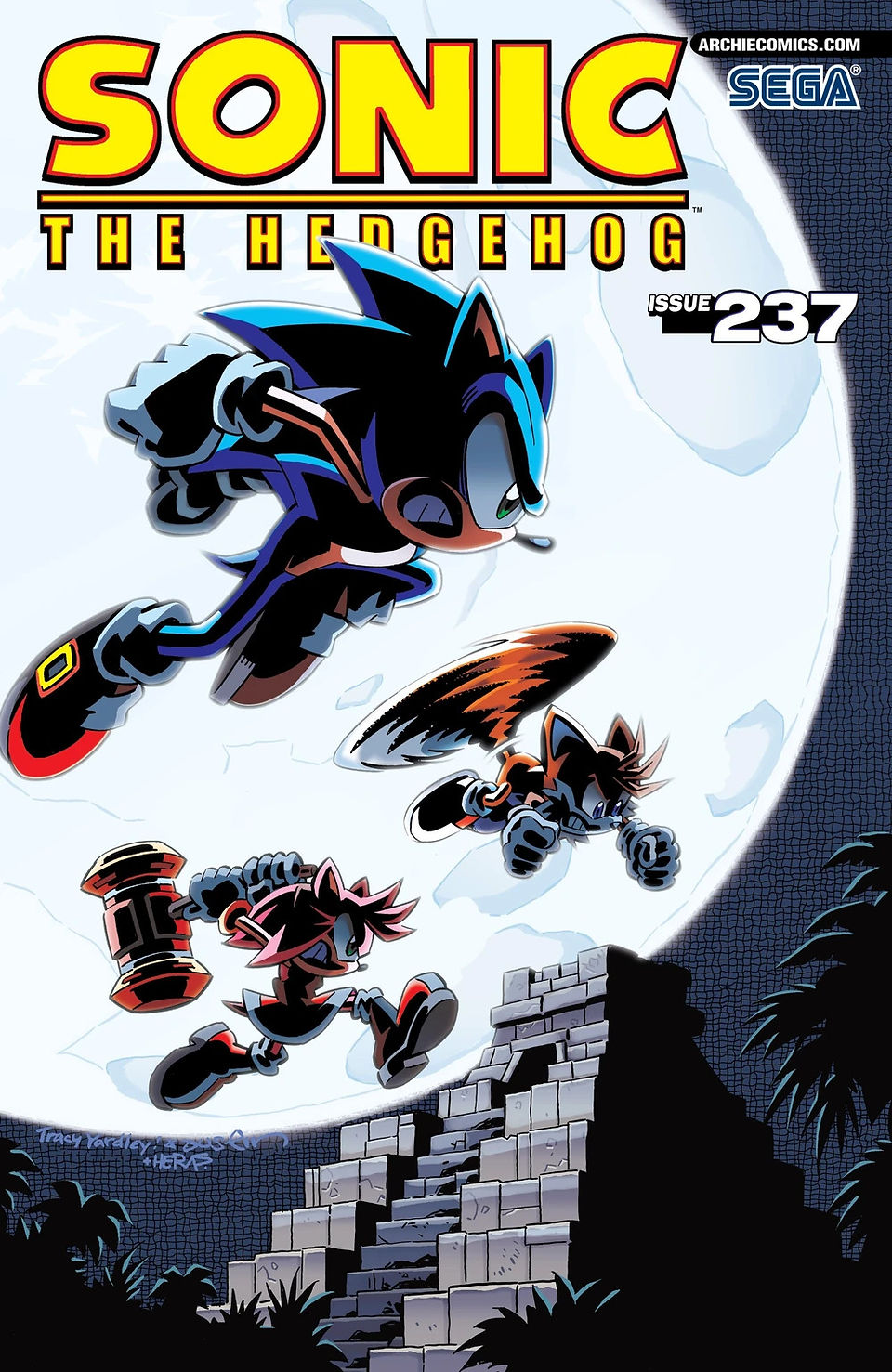 Sonic, Tails, and Amy, angry and ready for battle, traverse the night beneath a giant moon, heading toward a pyramid in the middle of the jungle.