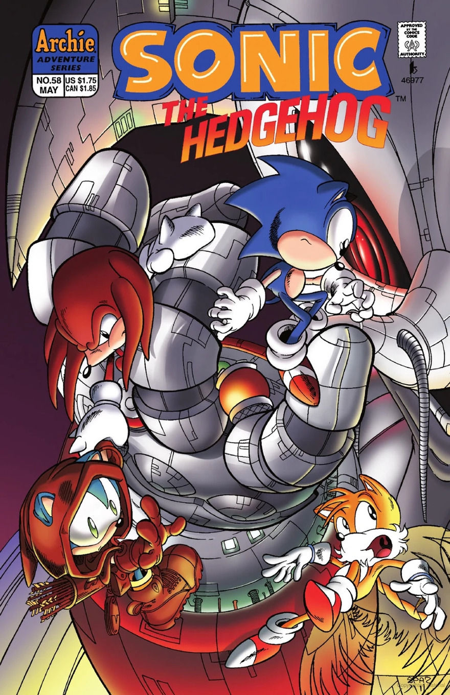 Sonic, Tails, Knuckles, and other character are trapped in the hand of a giant robot.