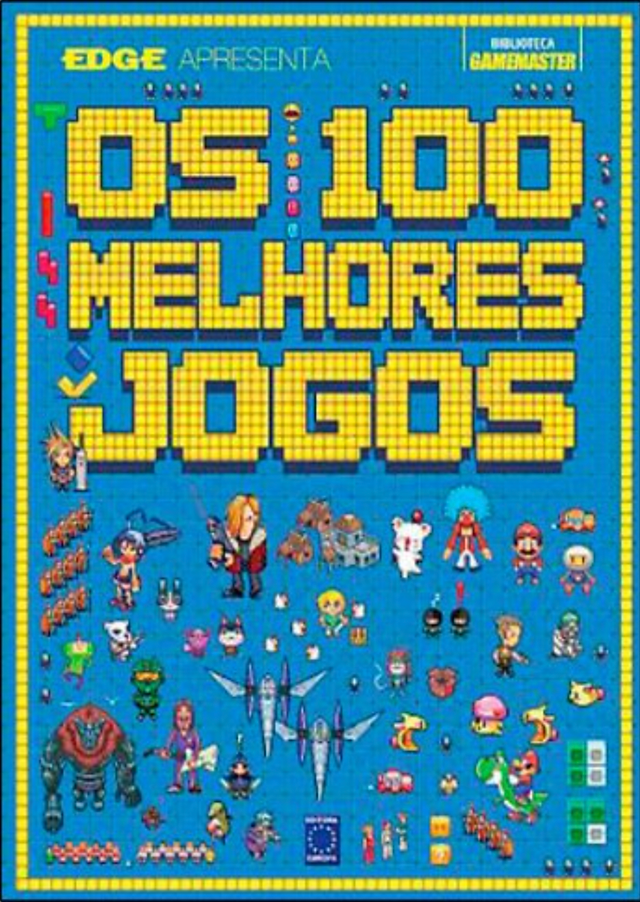 Blue background with "The 100 Best Games" in large yellow block letters. Pixel art characters from various video games surround the text.
