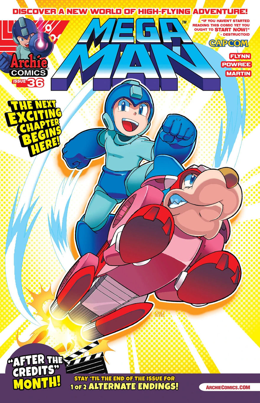 Mega Man and a red dog character soar energetically with vibrant trails, showcasing action and excitement.