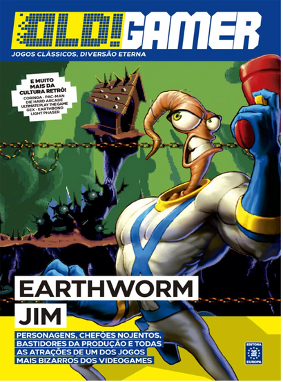 Magazine cover with "OLD! GAMER" at the top, featuring Earthworm Jim in a dynamic pose. The background is a vibrant, illustrated alien landscape.