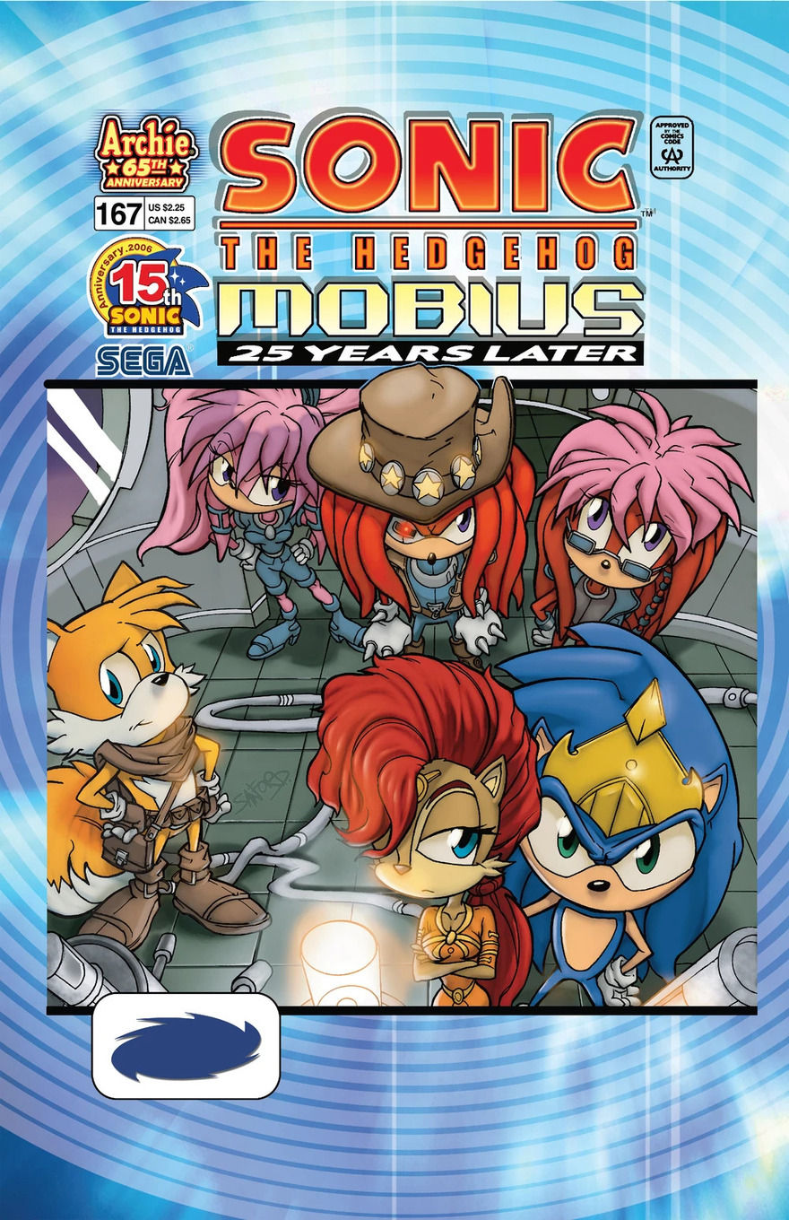 Sonic, Tails, Knuckles and friends in costumes posing in a futuristic setting.