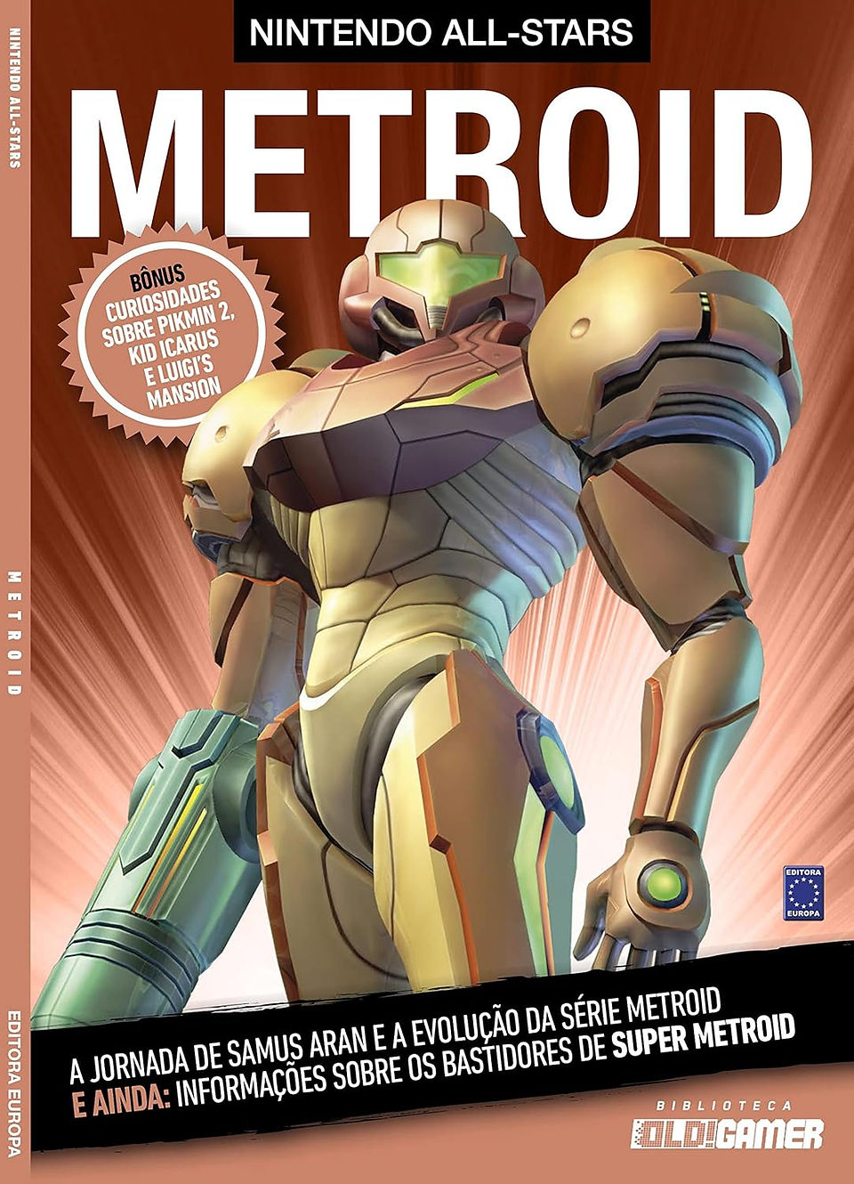 Cover of a magazine titled "Metroid" featuring a powerful armored Samus in a dynamic pose. Bold, futuristic design with an adventurous tone.