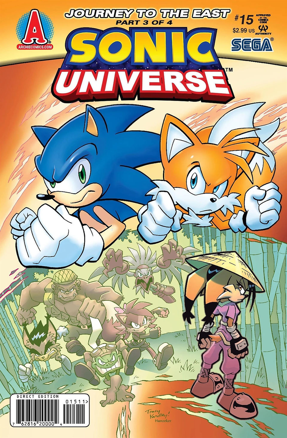 Sonic and Tails with angry expressions and clenched fists against an orange background, with a jungle setting below where a group of enemies charges forward.