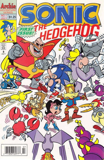 Sonic in motion surrounded by friends and enemies. Action-packed scene, vibrant colors, dynamic energy.