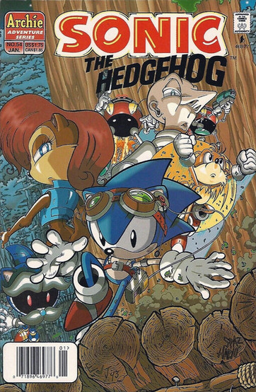 Sonic, wearing goggles, leap energetically over logs with friends and foes around him.