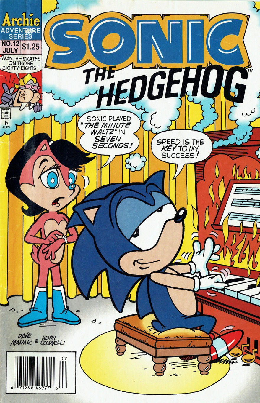 Sonic plays a piano engulfed in flames, smiling confidently. A surprised character watches, thinking how he played "The Minute Waltz" fast.