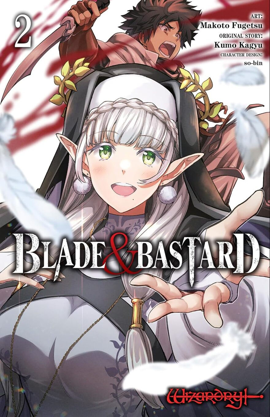Manga cover for “Blade & Bastard - Volume 2", showing a smiling silver-haired elf-like character reaching toward the viewer while a fierce warrior looms behind her.