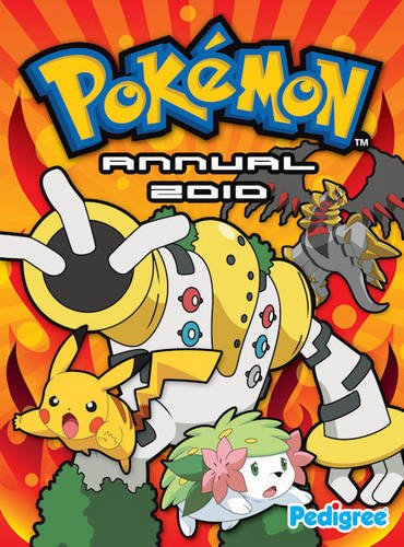 Cover of "Pokémon Annual 2010" features Regigigas, Pikachu, and Shaymin with bold colors and flames in the background. Energetic and vibrant design.