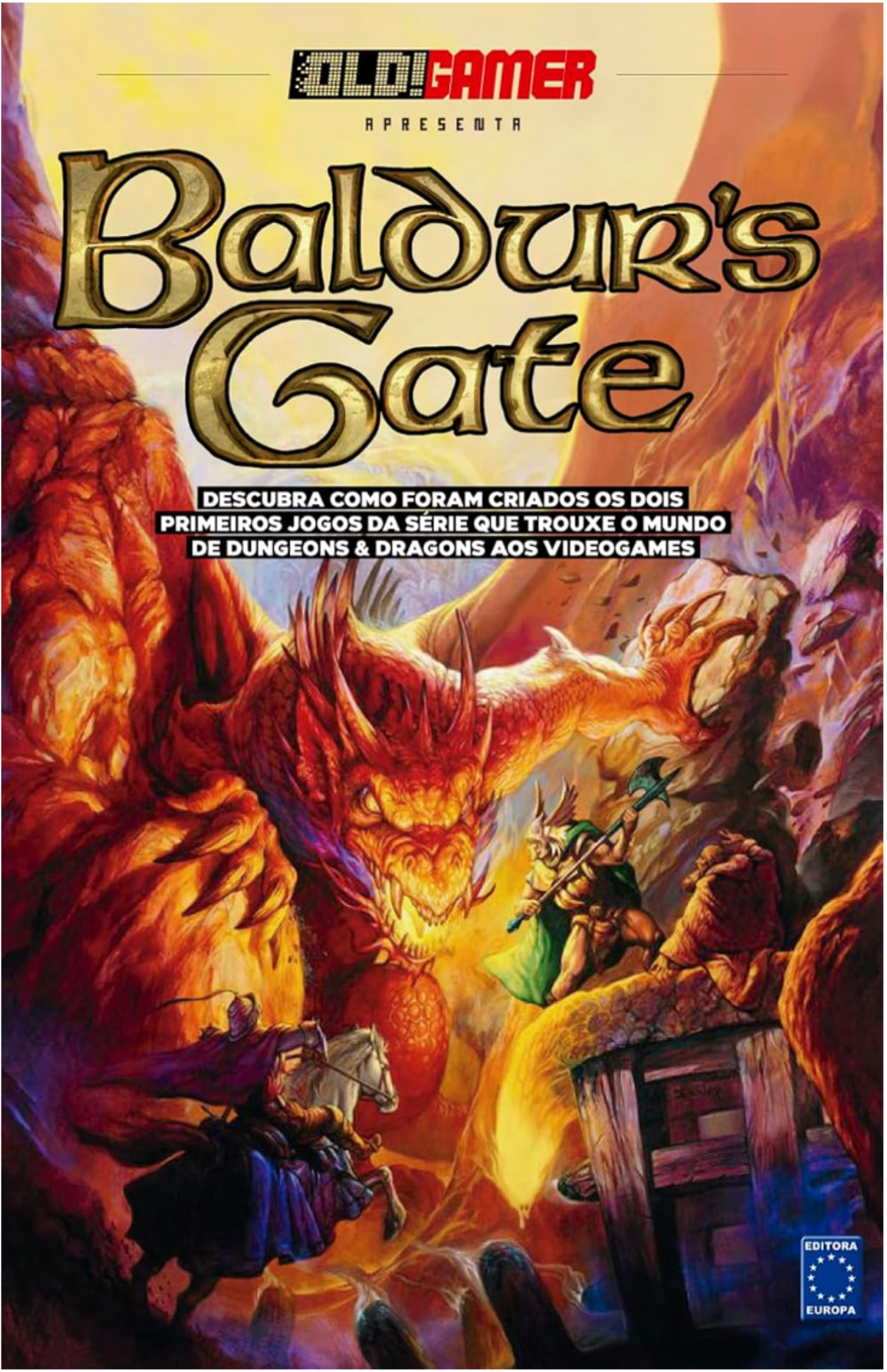 Fantasy artwork of a fierce dragon facing a warrior with a sword and another character in armor, set on a rocky landscape. Text includes "Baldur's Gate."