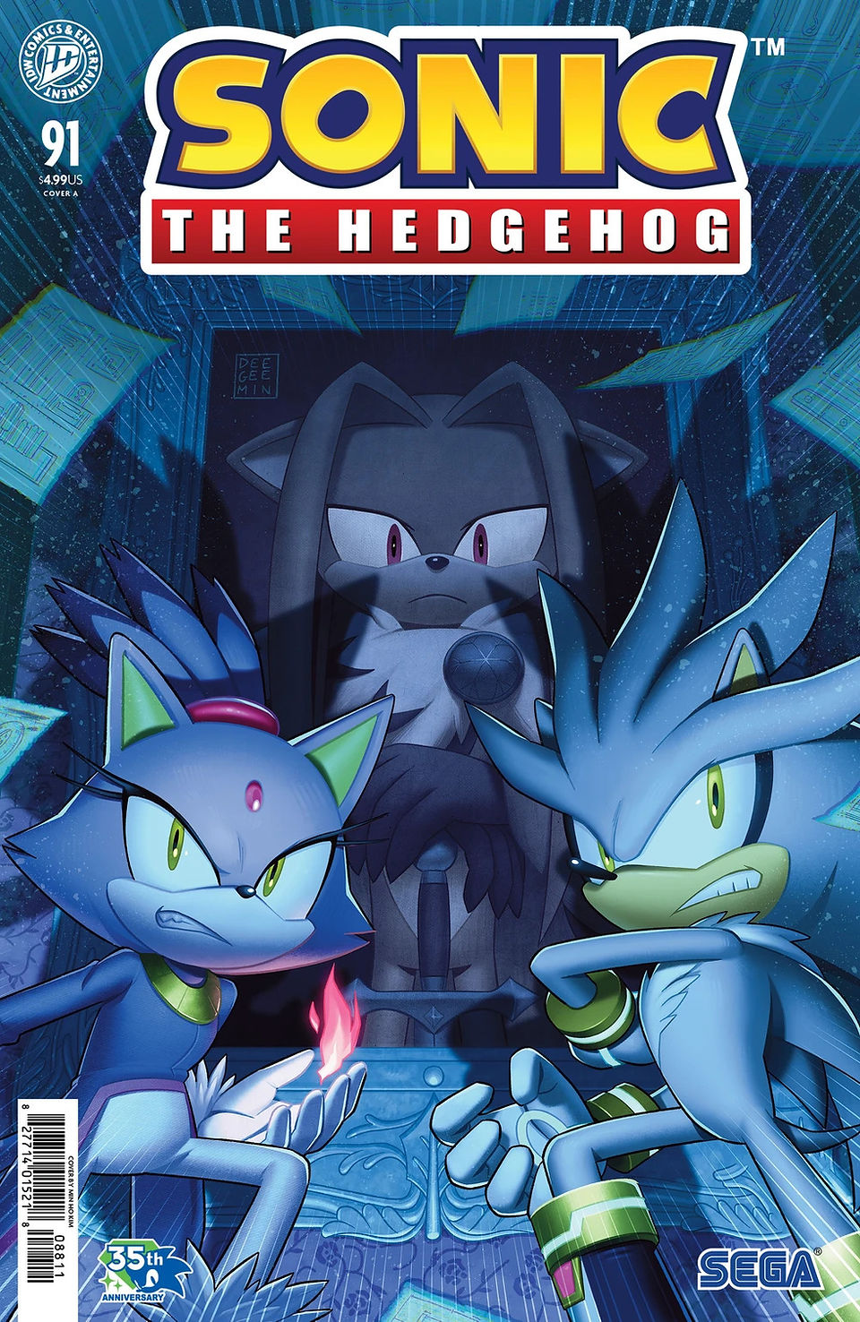 Blackwood is featured in the center, with a sword in front of him, in a dark blue, icy setting; Silver and Blaze stand on either side, ready to battle.