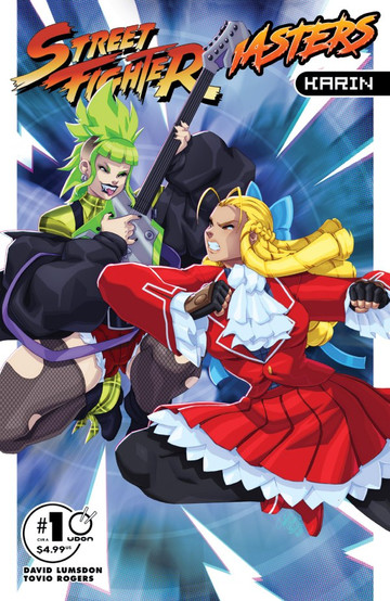 Comic cover showing two characters in a dynamic battle. One has green hair, playing a guitar, and the other wears a red outfit, both mid-action. Energetic and intense.