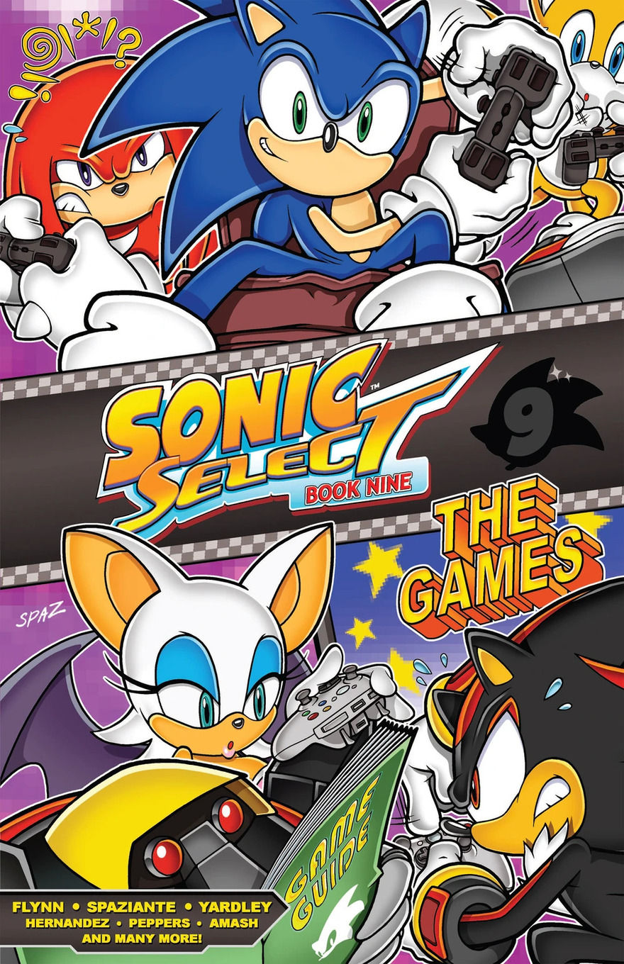 Sonic, Tails, Knuckles, Rouge, and Shadow holding controllers and playing games, while a robot reads a game guide, with the logo in the center of the cover.