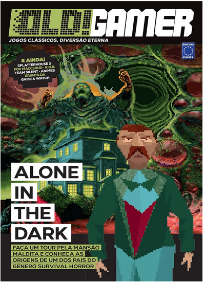 Cover of "Old! Gamer" magazine featuring pixel art from "Alone in the Dark." It shows a mansion, a pixelated character, and a menacing creature. The tone is eerie and nostalgic, capturing classic gaming vibes.