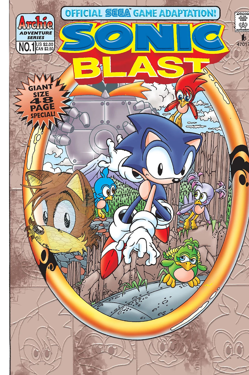 A scene depicted within a golden ring. Sonic appears surrounded by birds in a forest setting, with metal structures around him. The face of a concerned Tails appears beside him.