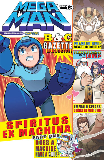 Comic cover featuring Mega Man in action pose with clenched fist. Headlines include "Spiritus Ex Machina Part One" and "Does a machine have a soul?, with other characters appearing.